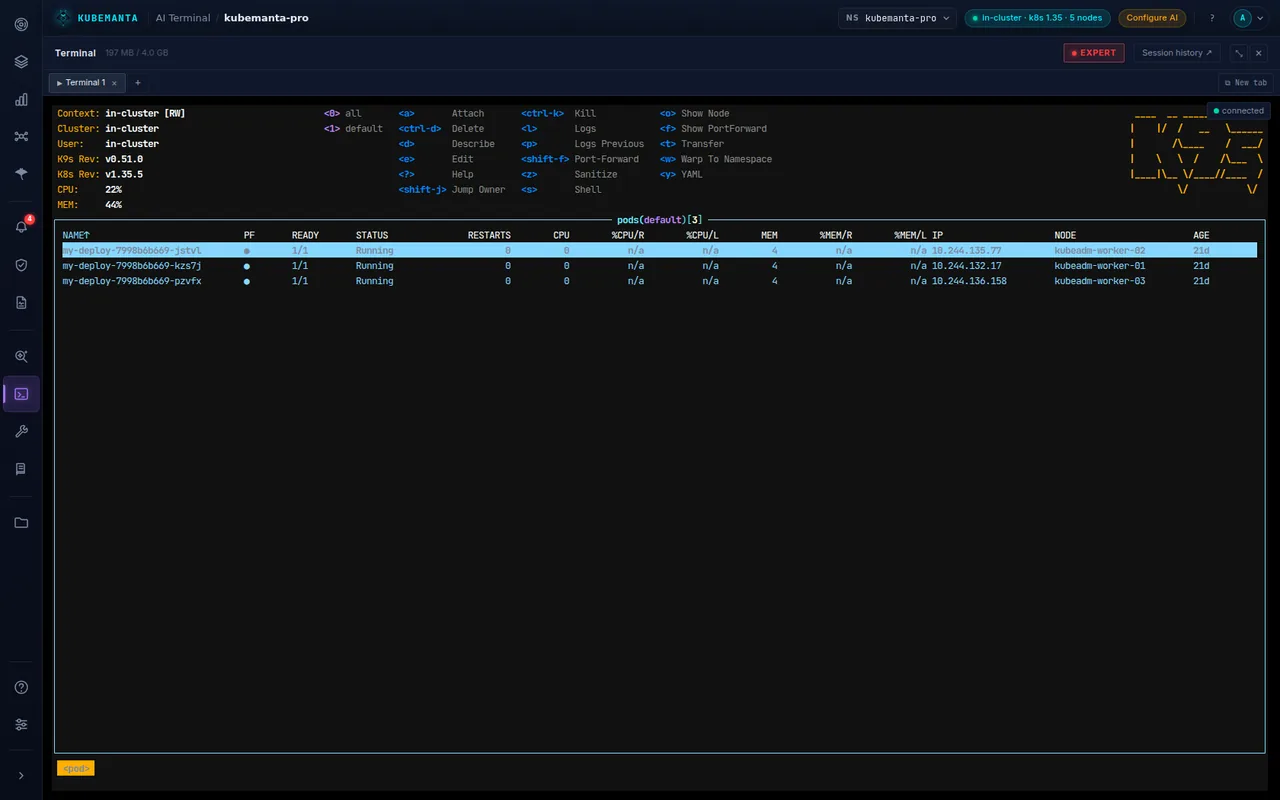 KubeManta AI — Kubernetes SRE Platform — Terminal